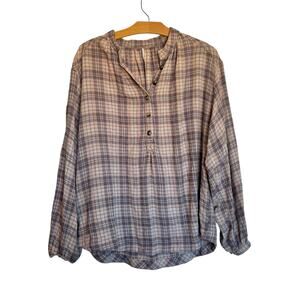Free People Northern Bound Plaid Blouse Tan Brown Peasant Prairie Top Size S
